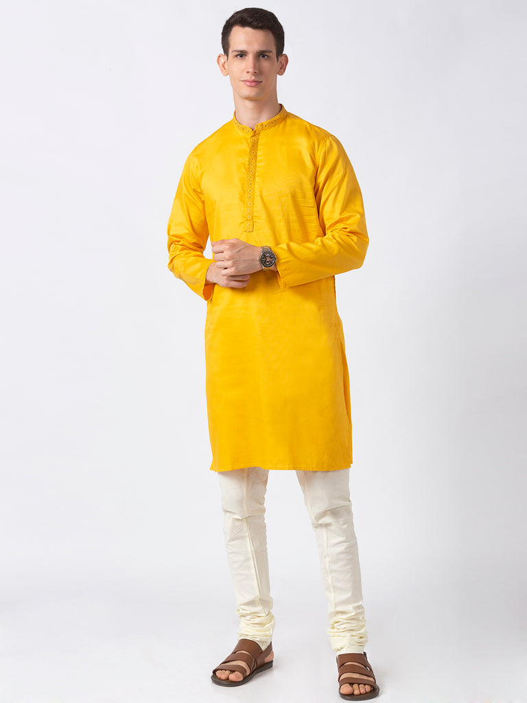 Men Straight Full Sleeve Yellow Kurta