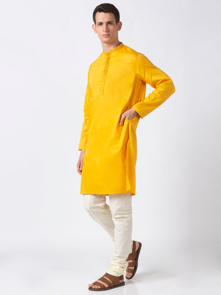 Men Straight Full Sleeve Yellow Kurta