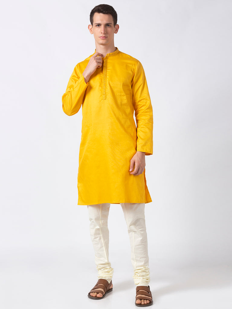 Men Straight Full Sleeve Yellow Kurta