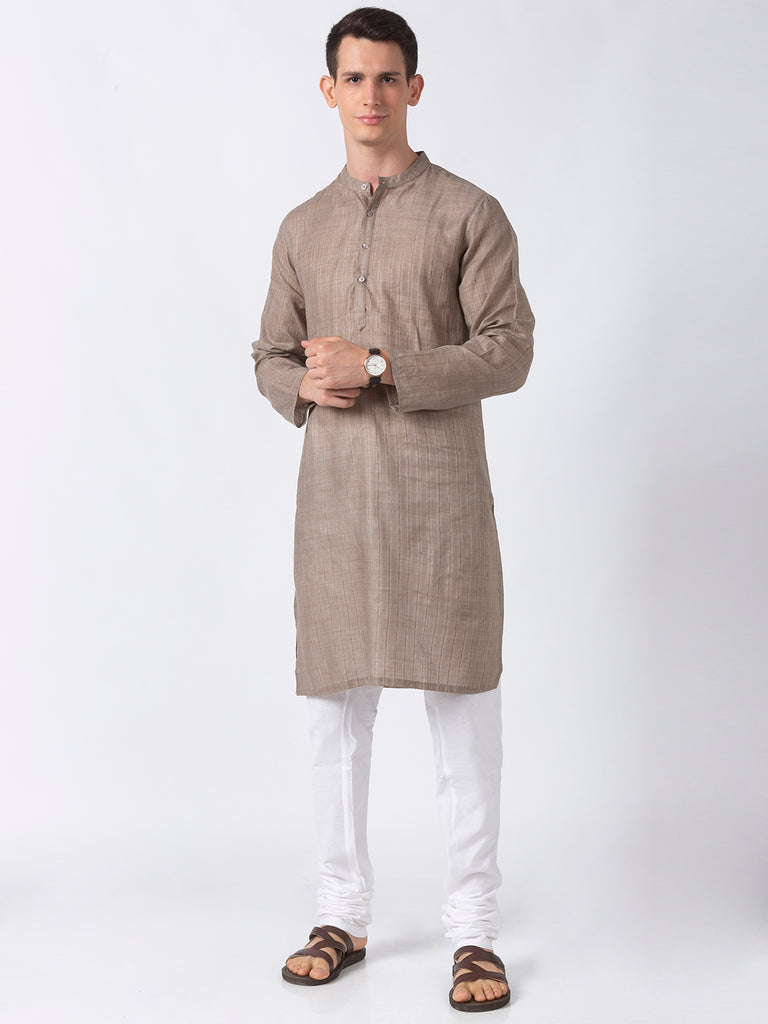 Men Straight Full Sleeve Grey Kurta