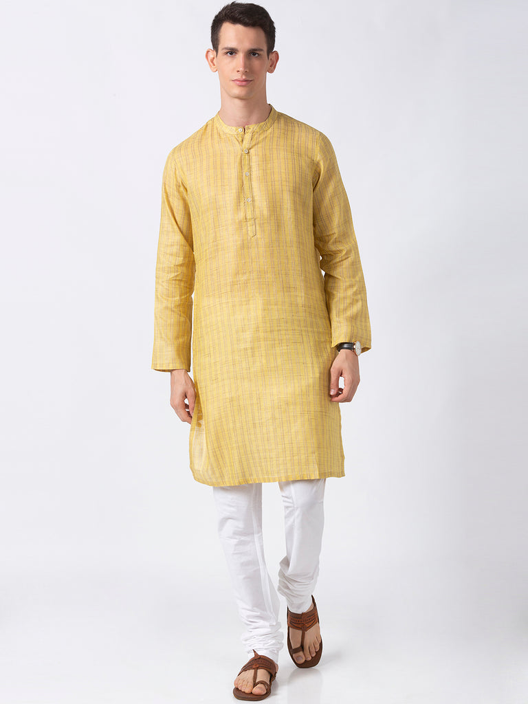 Men Straight Full Sleeve Yellow Kurta