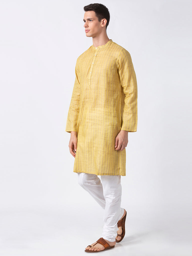 Men Straight Full Sleeve Yellow Kurta