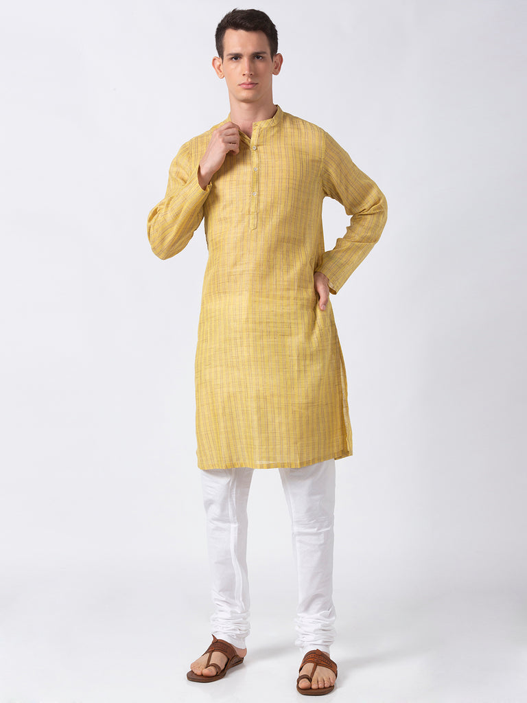 Men Straight Full Sleeve Yellow Kurta