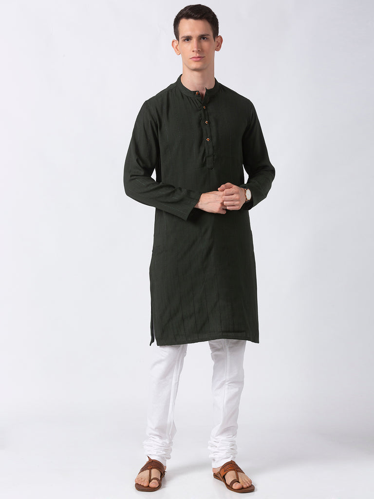 Men Straight Full Sleeve Green Kurta