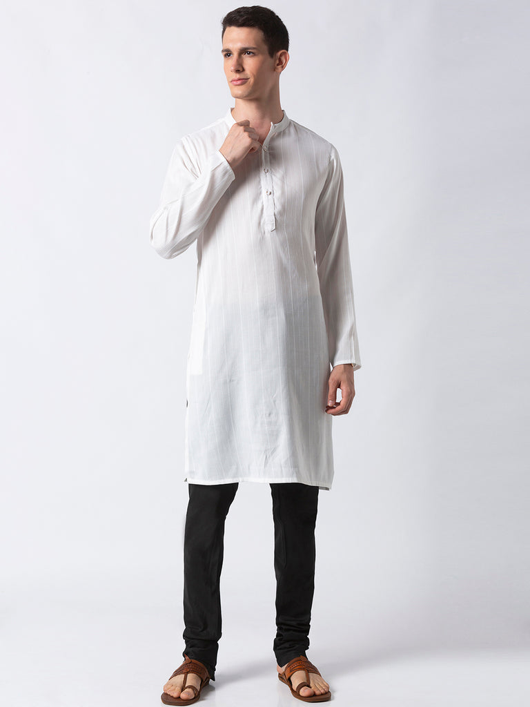 Men Straight Full Sleeve White Kurta