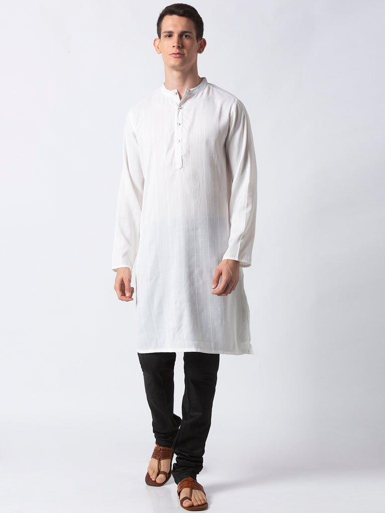 Men Straight Full Sleeve White Kurta