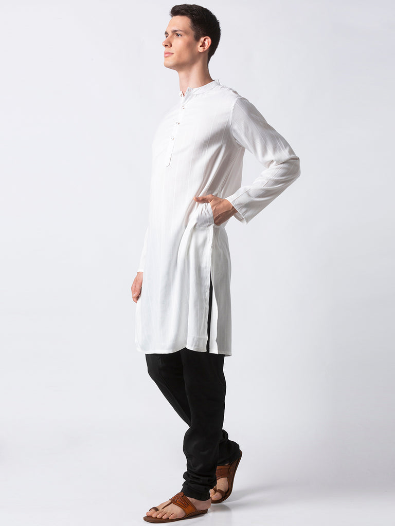 Men Straight Full Sleeve White Kurta
