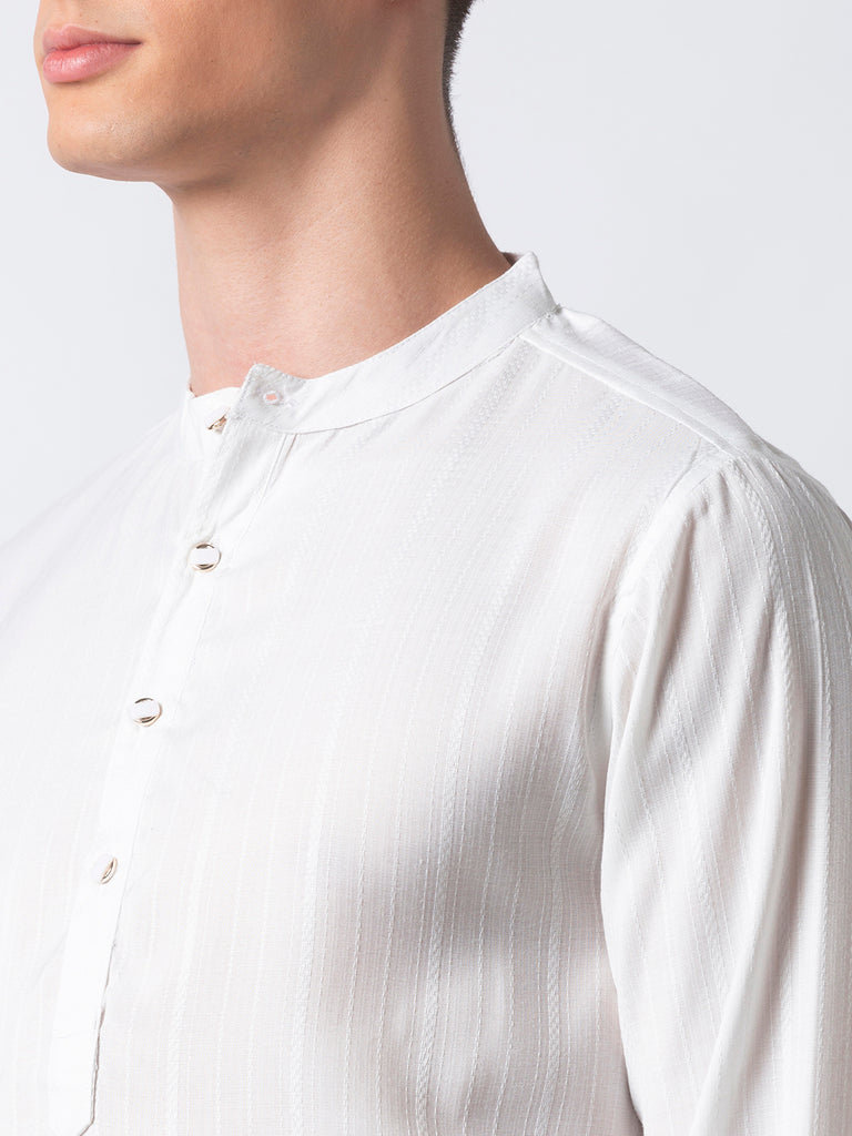 Men Straight Full Sleeve White Kurta