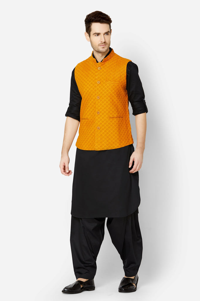 Men Straight Sleeveless Mustard Jackets