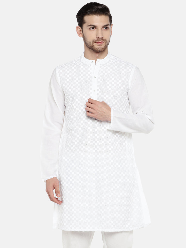 Men Straight Full Sleeve White Kurta