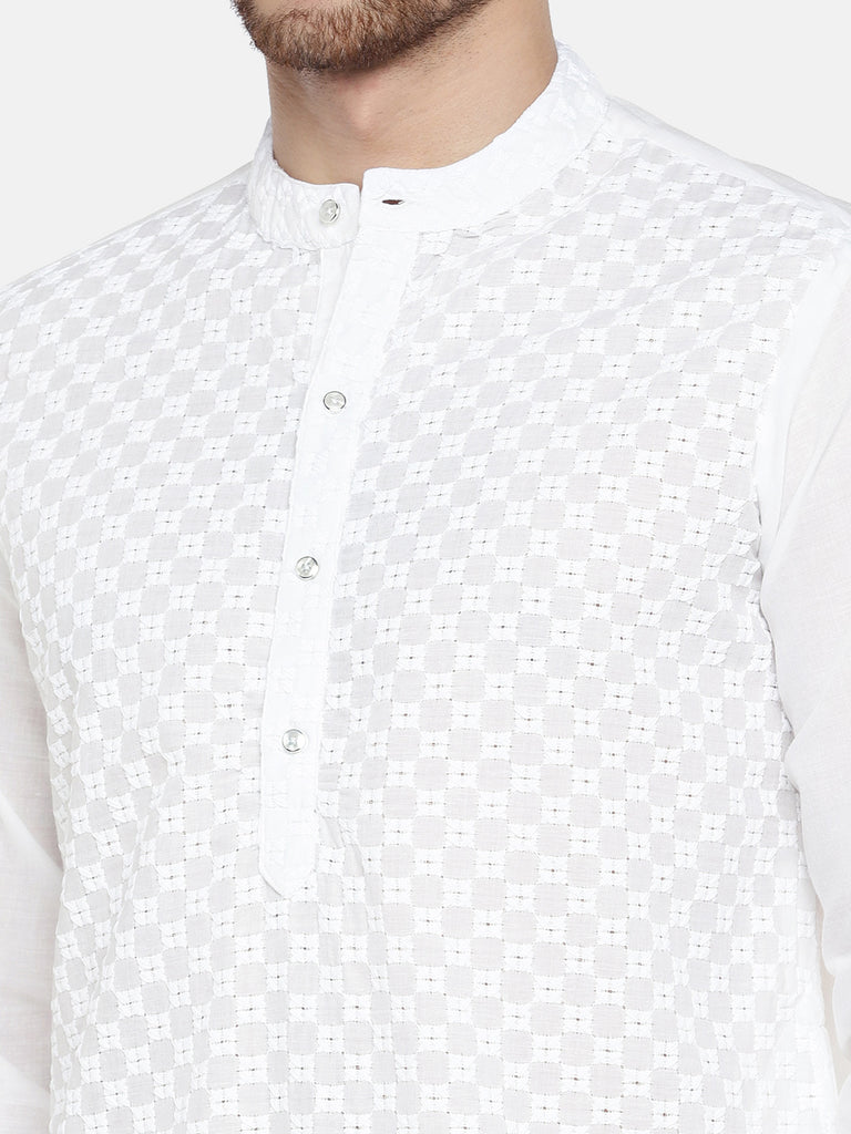 Men Straight Full Sleeve White Kurta