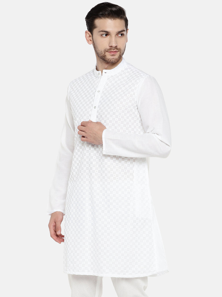 Men Straight Full Sleeve White Kurta