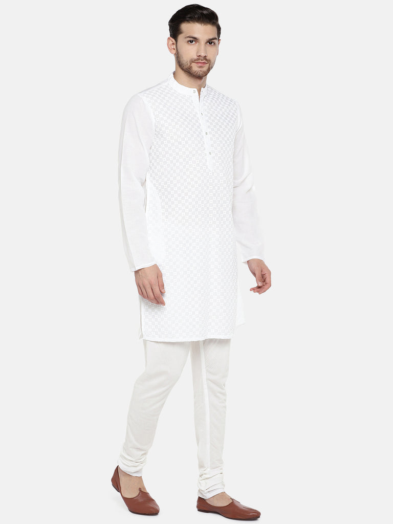 Men Straight Full Sleeve White Kurta