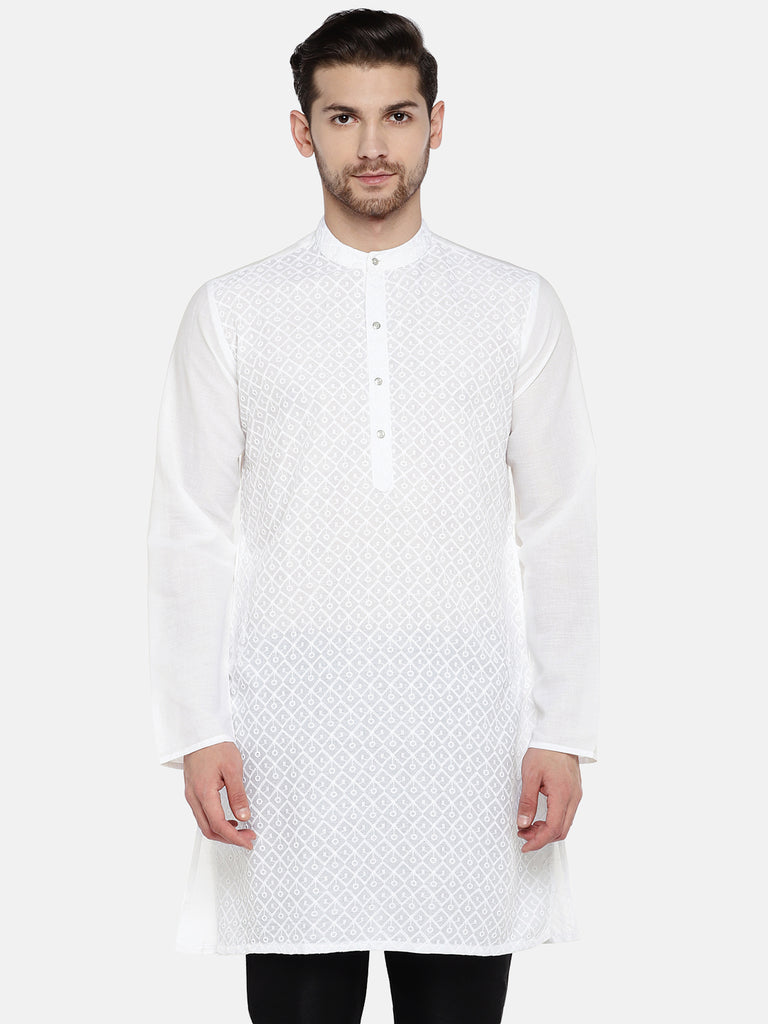 Men Straight Full Sleeve White Kurta