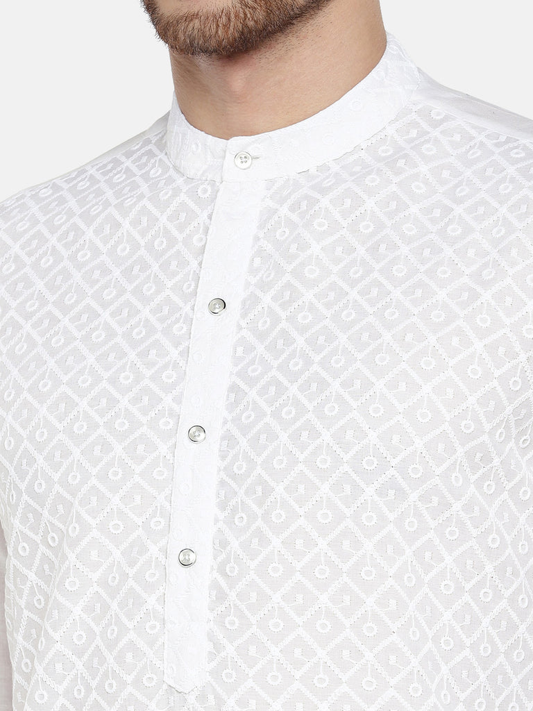 Men Straight Full Sleeve White Kurta