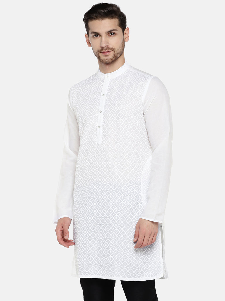 Men Straight Full Sleeve White Kurta