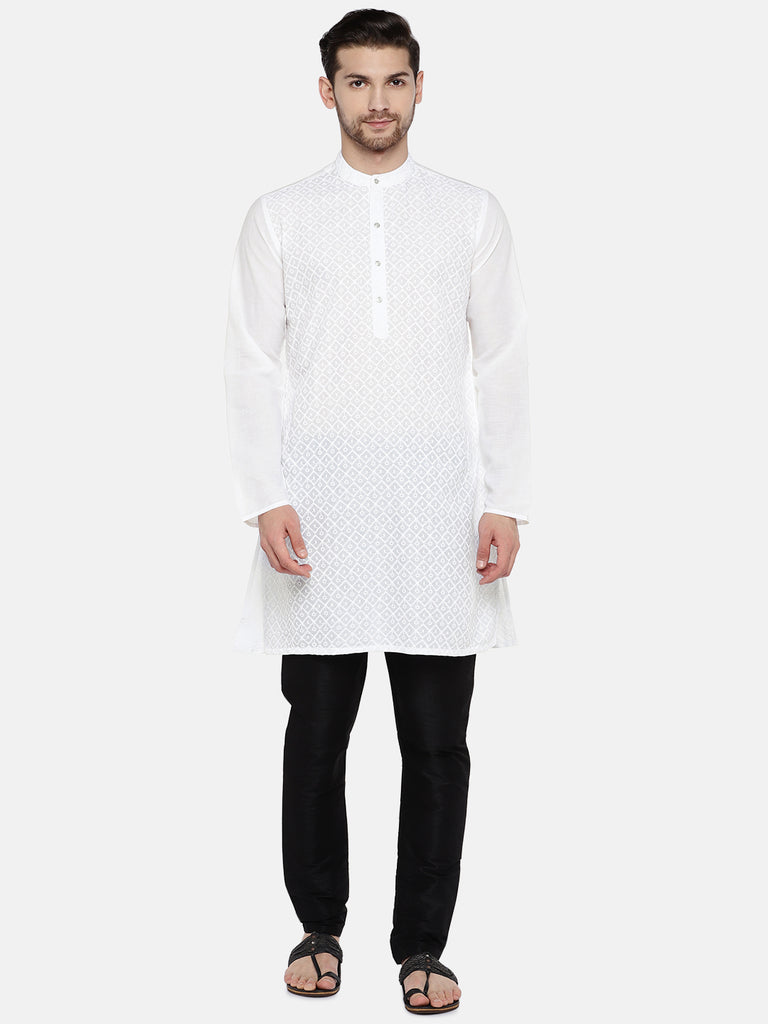 Men Straight Full Sleeve White Kurta