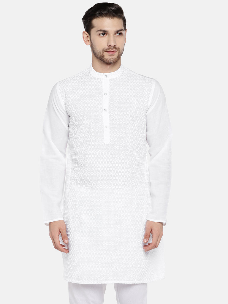 Men Straight Full Sleeve White Kurta