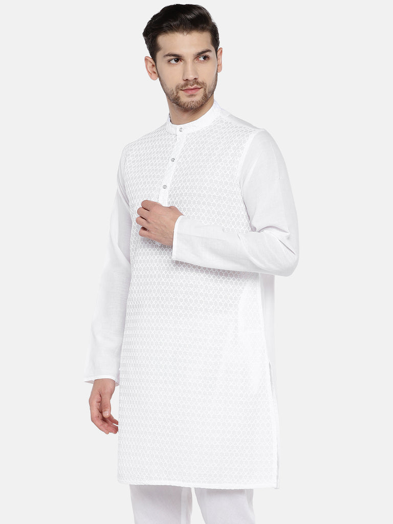 Men Straight Full Sleeve White Kurta
