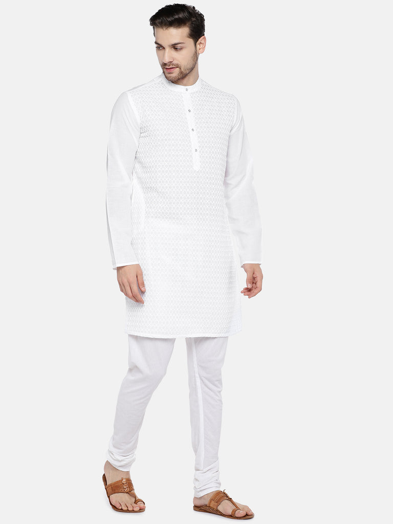 Men Straight Full Sleeve White Kurta