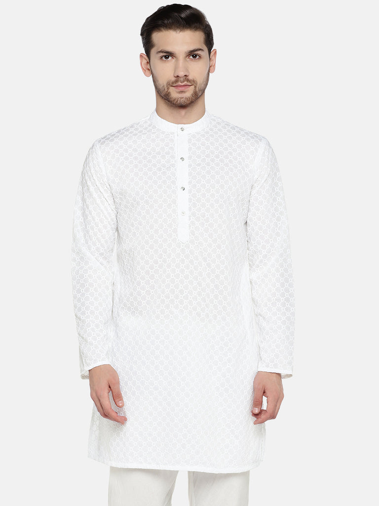 Men Straight Full Sleeve White Kurta