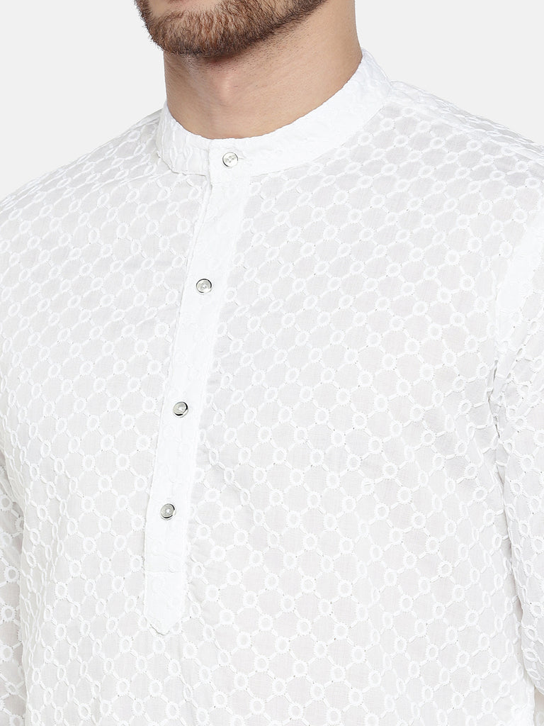 Men Straight Full Sleeve White Kurta