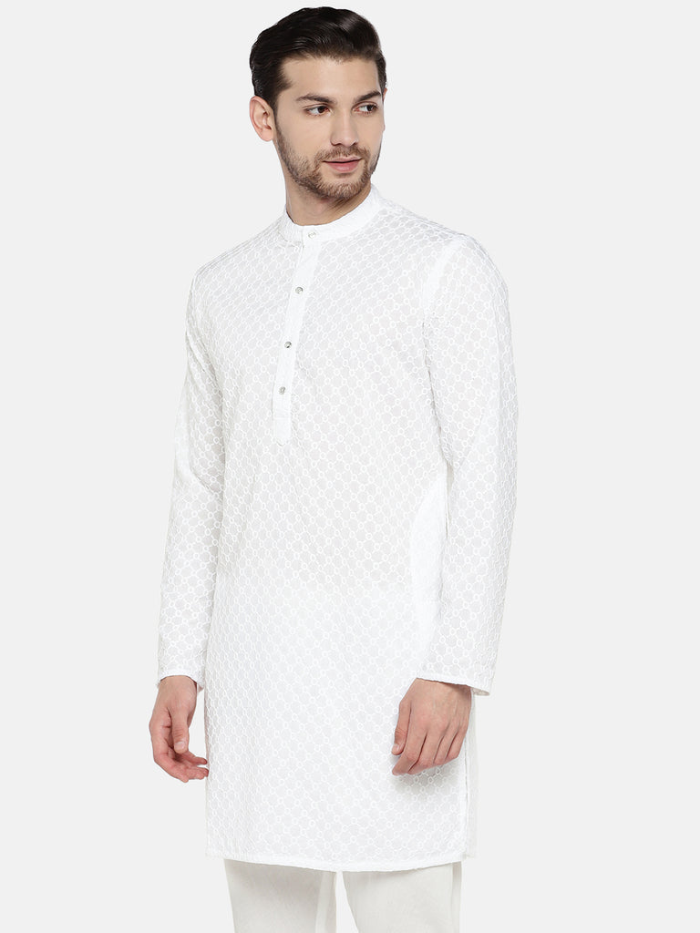 Men Straight Full Sleeve White Kurta