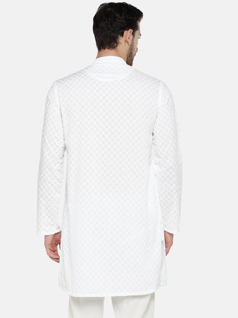 Men Straight Full Sleeve White Kurta