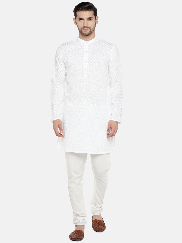 Men Straight Full Sleeve White Kurta