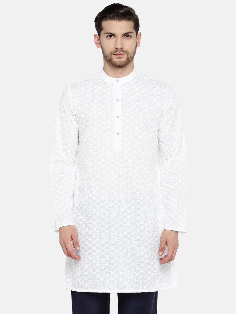 Men Straight Full Sleeve White Kurta