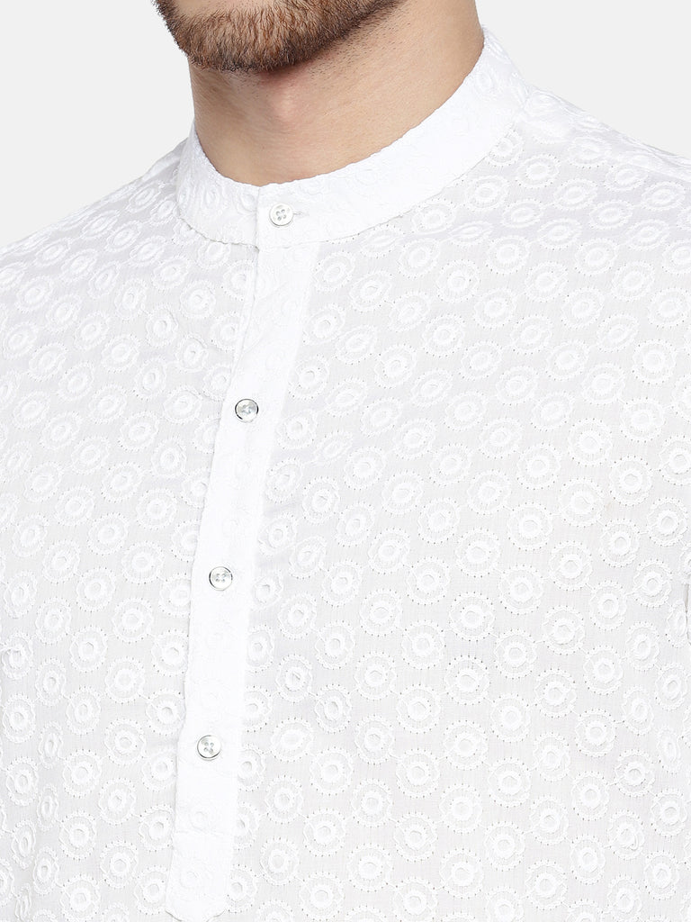 Men Straight Full Sleeve White Kurta