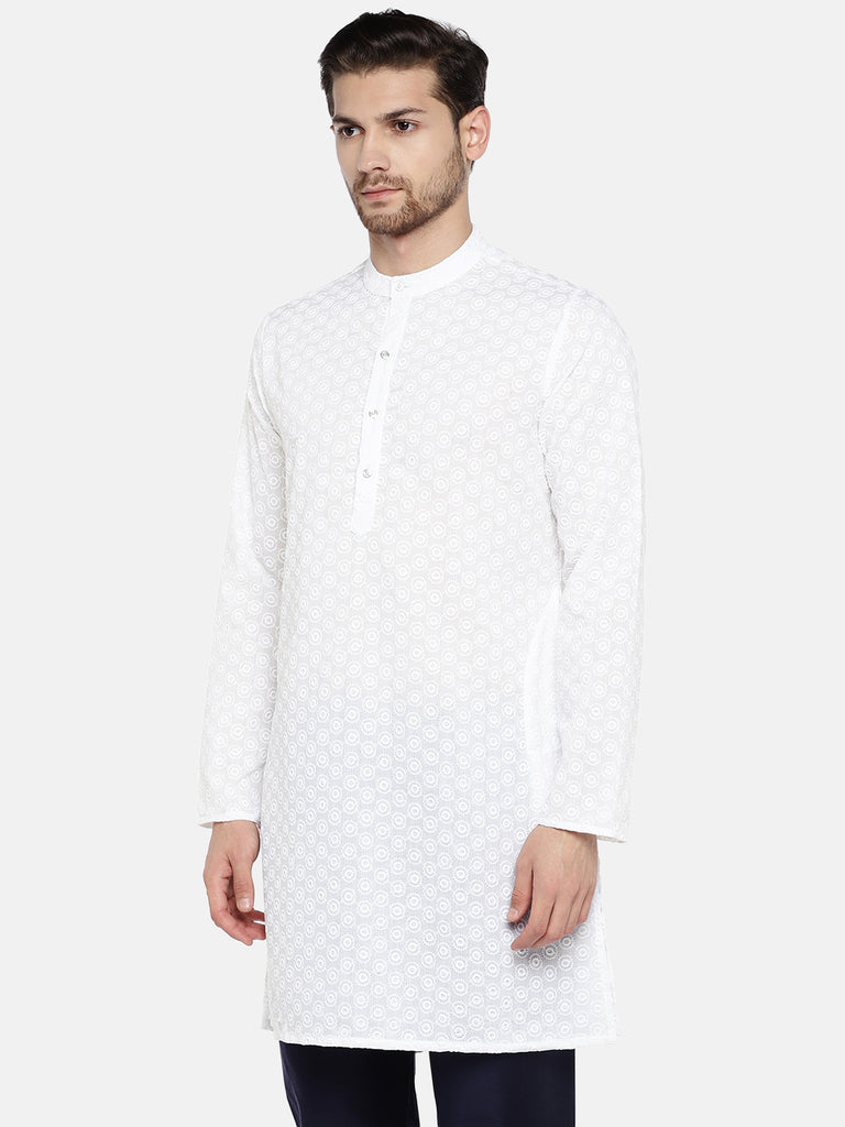 Men Straight Full Sleeve White Kurta