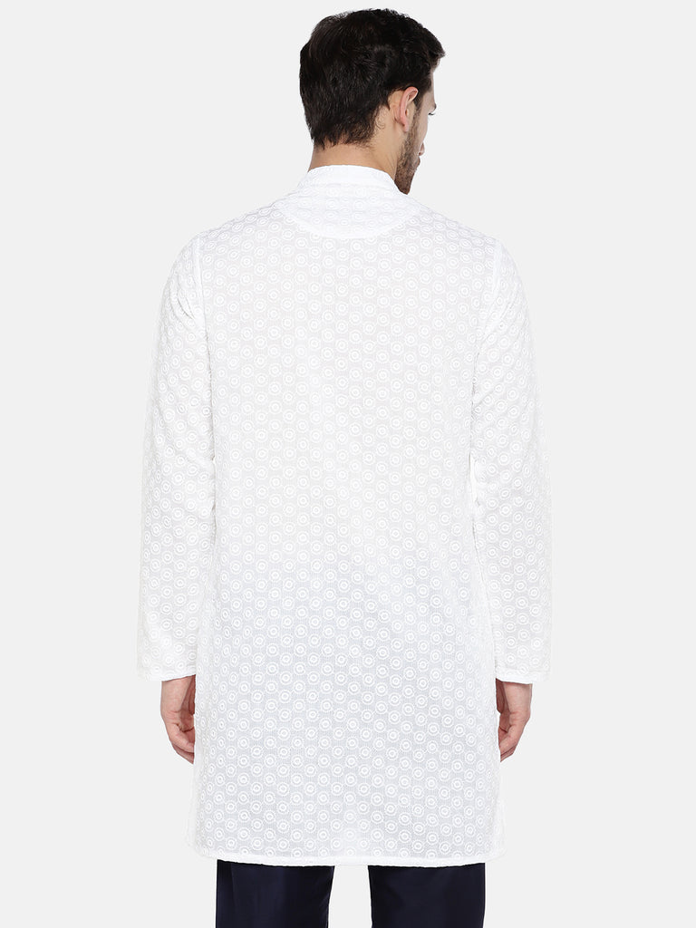 Men Straight Full Sleeve White Kurta