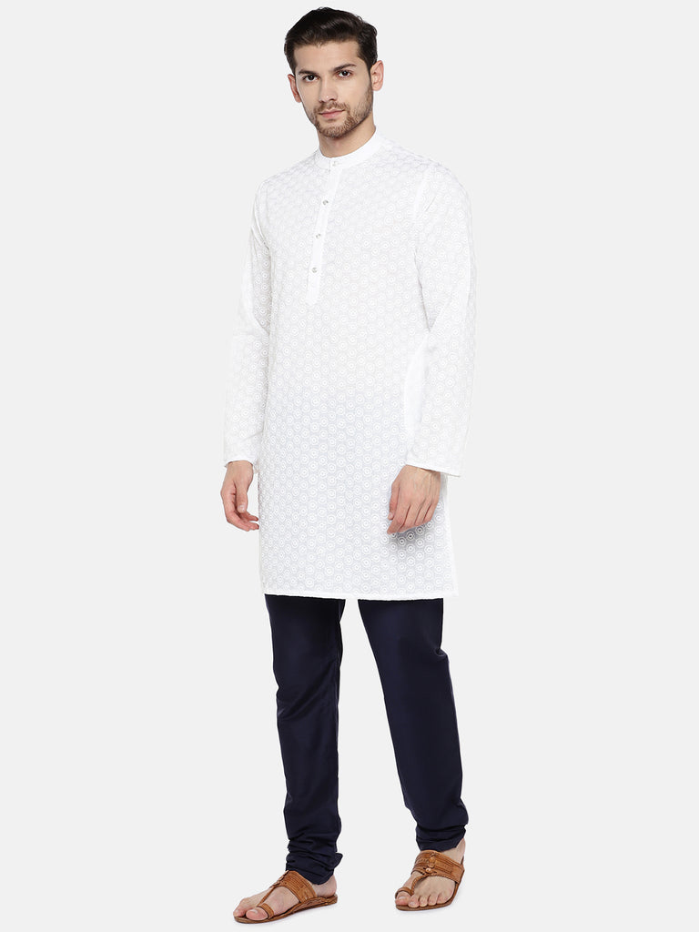 Men Straight Full Sleeve White Kurta