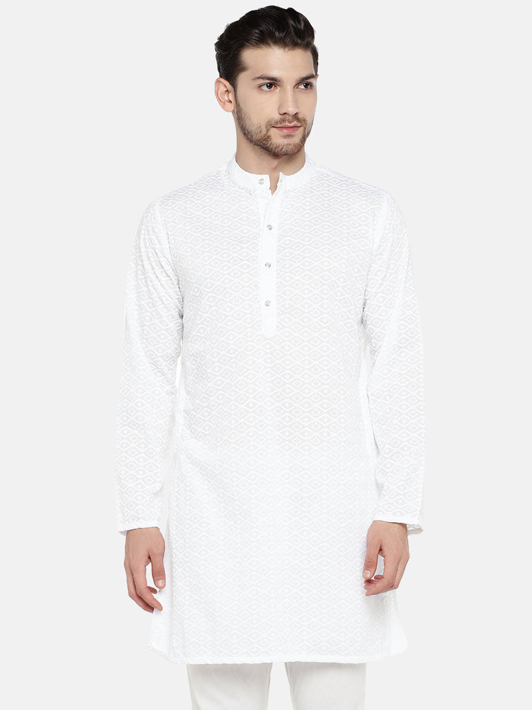 Men Straight Full Sleeve White Kurta