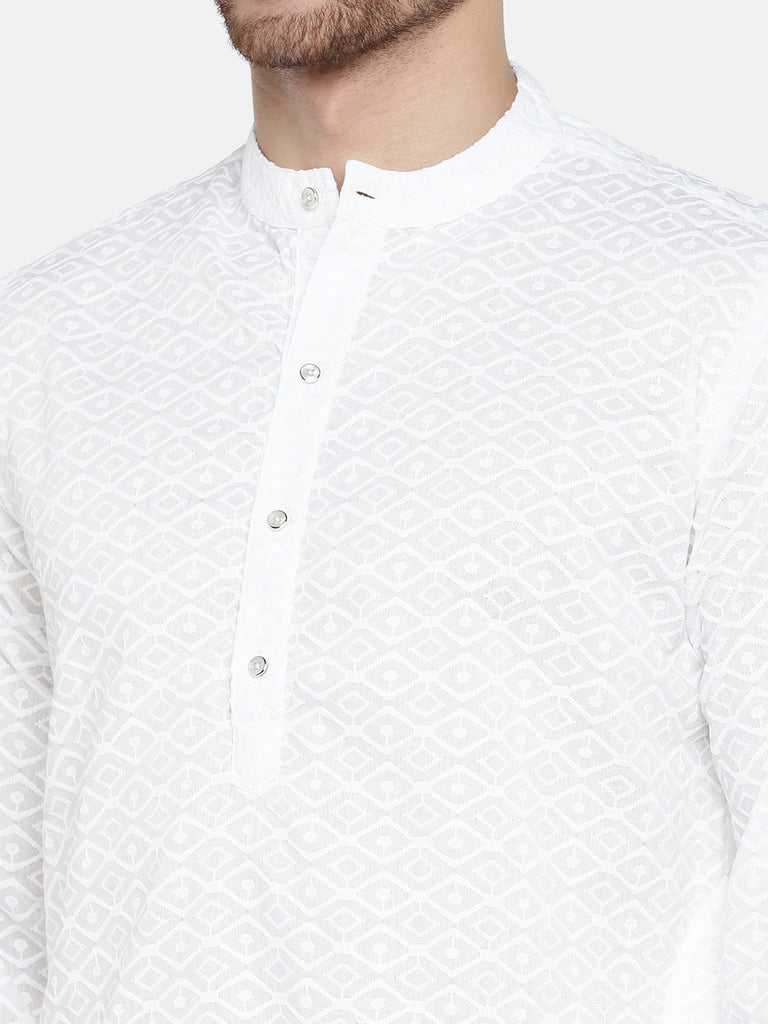 Men Straight Full Sleeve White Kurta