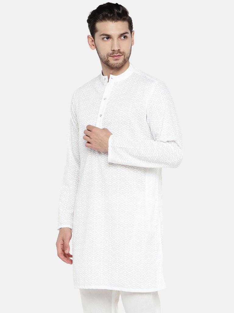 Men Straight Full Sleeve White Kurta