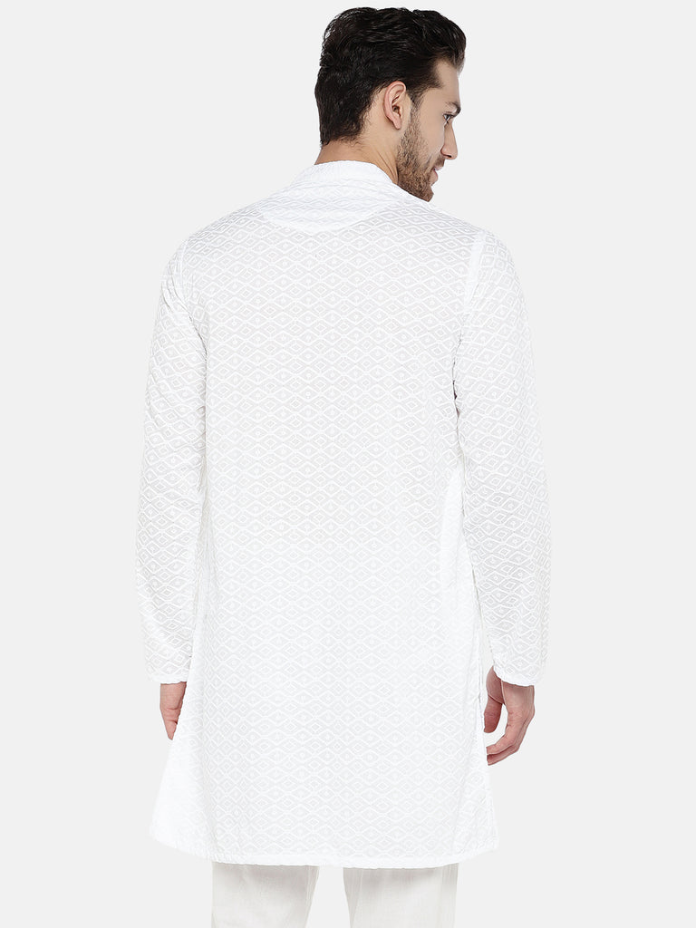 Men Straight Full Sleeve White Kurta