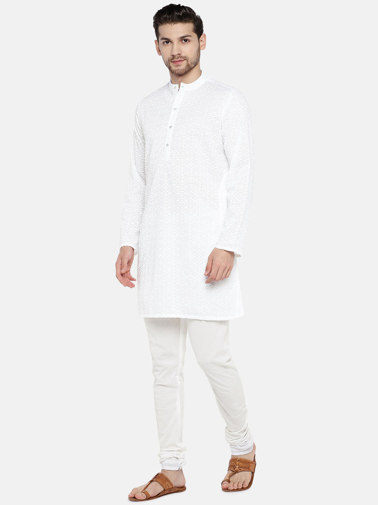 Men Straight Full Sleeve White Kurta