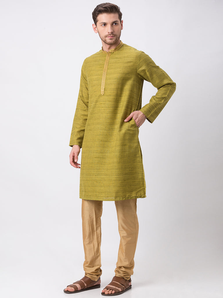 Men Straight Full Sleeve Green Kurta