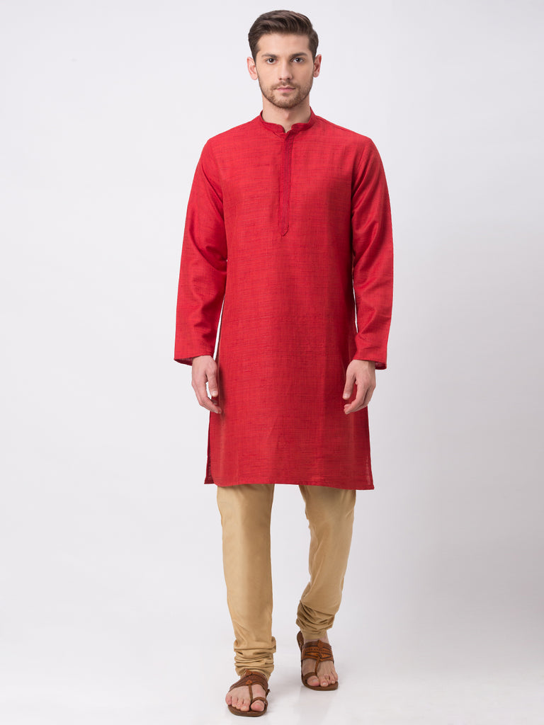 Men Straight Full Sleeve Maroon Kurta