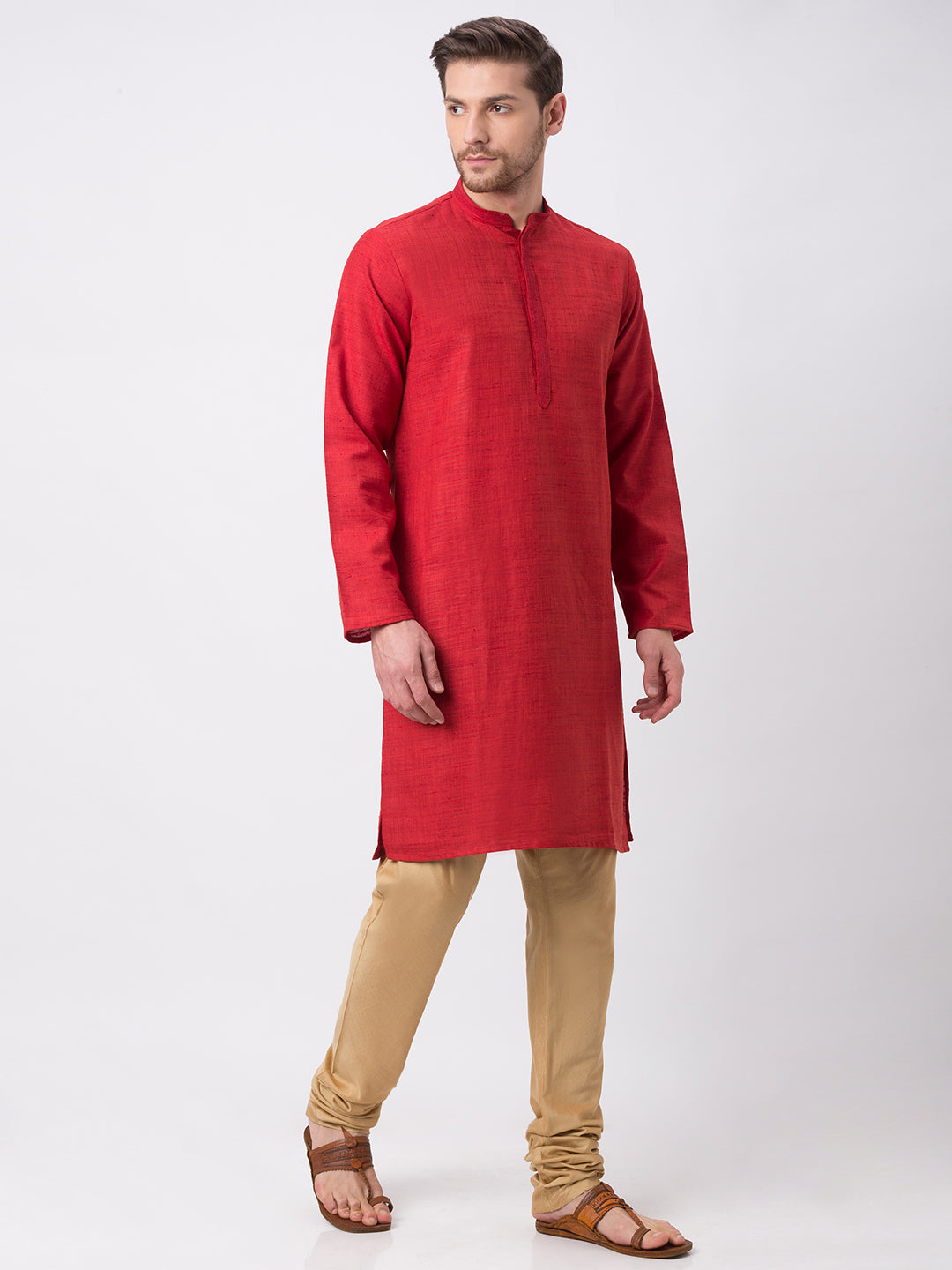 Men Straight Full Sleeve Maroon Kurta