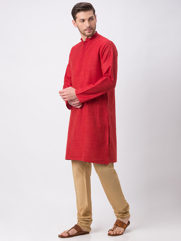 Men Straight Full Sleeve Maroon Kurta