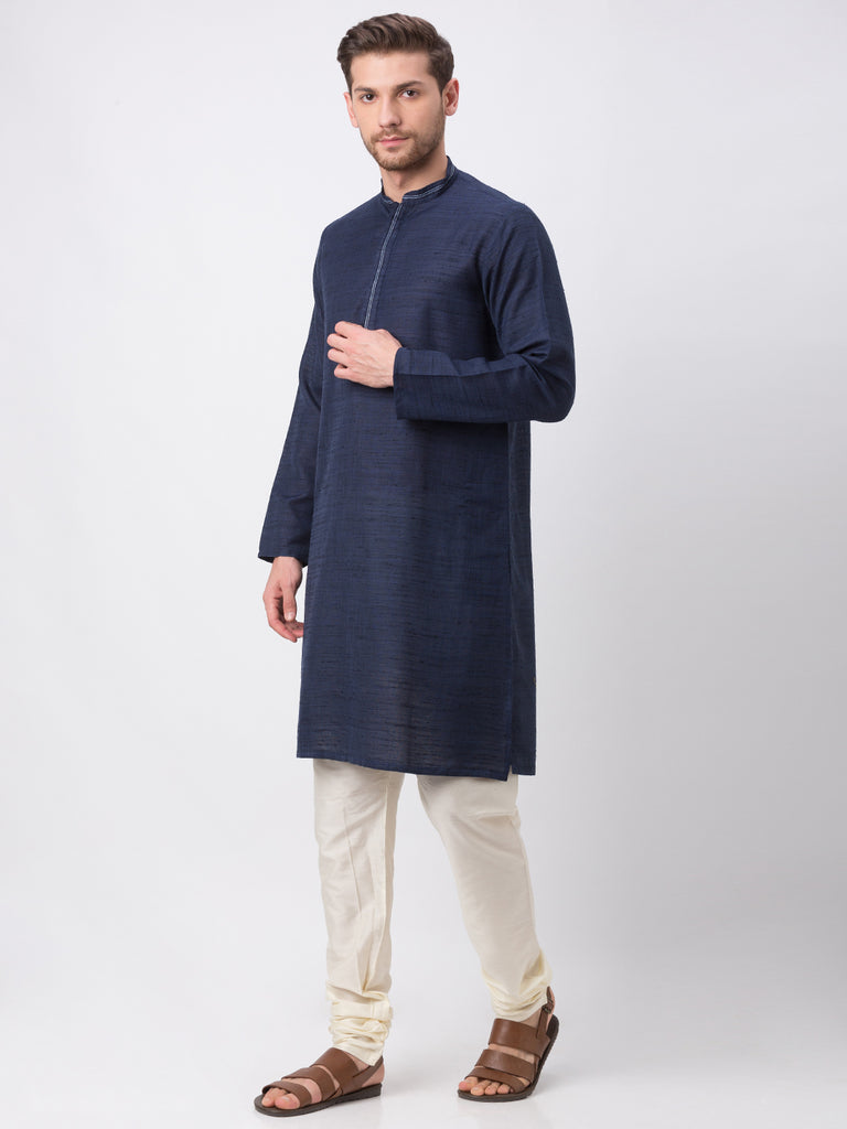 Men Straight Full Sleeve Navy Kurta