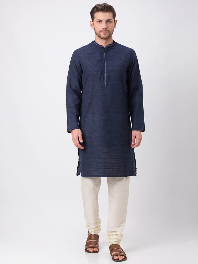 Men Straight Full Sleeve Navy Kurta