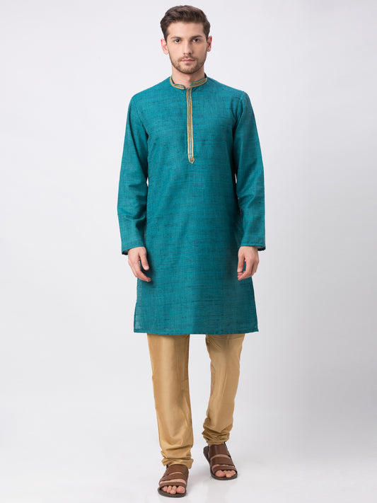 Men Straight Full Sleeve Teal Kurta
