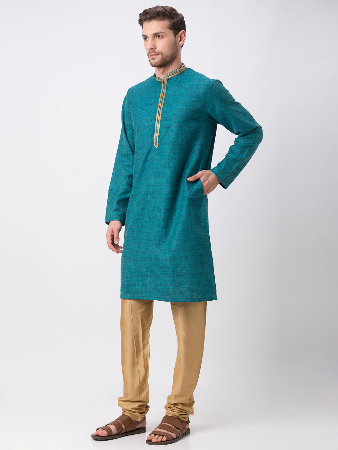 Men Straight Full Sleeve Teal Kurta