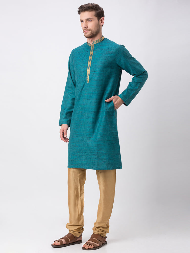 Men Straight Full Sleeve Teal Kurta