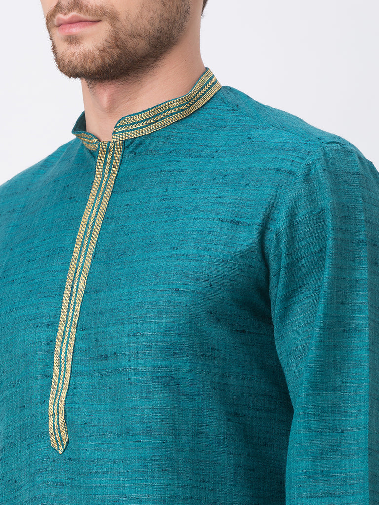 Men Straight Full Sleeve Teal Kurta