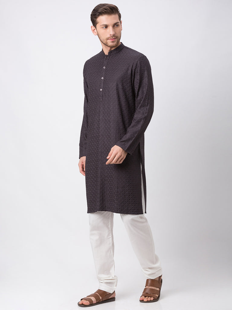 Occassion Men Straight Full Sleeve Charcoal Grey Kp Set